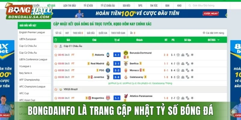 Bongdainfo là trang cập nhật tỷ số bóng đá trực tuyến