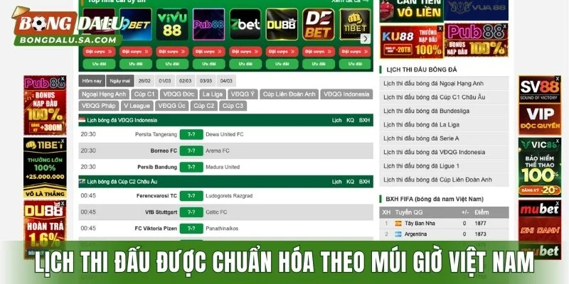 Lịch thi đấu được chuẩn hóa theo múi giờ Việt Nam